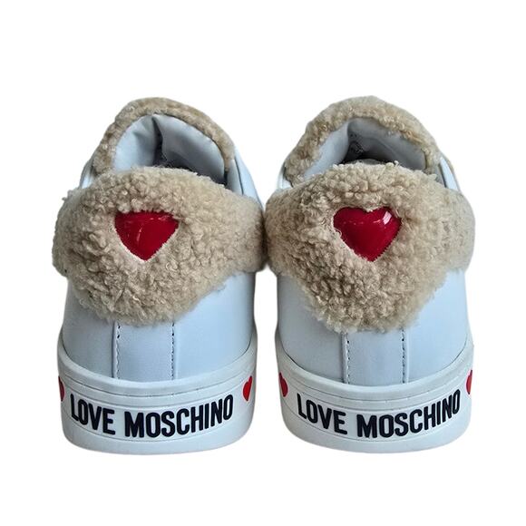 Love Moschino Sequin Heart Sneakers Size EU41 US 11 Shearling Trim White Leather - Picture 6 of 15